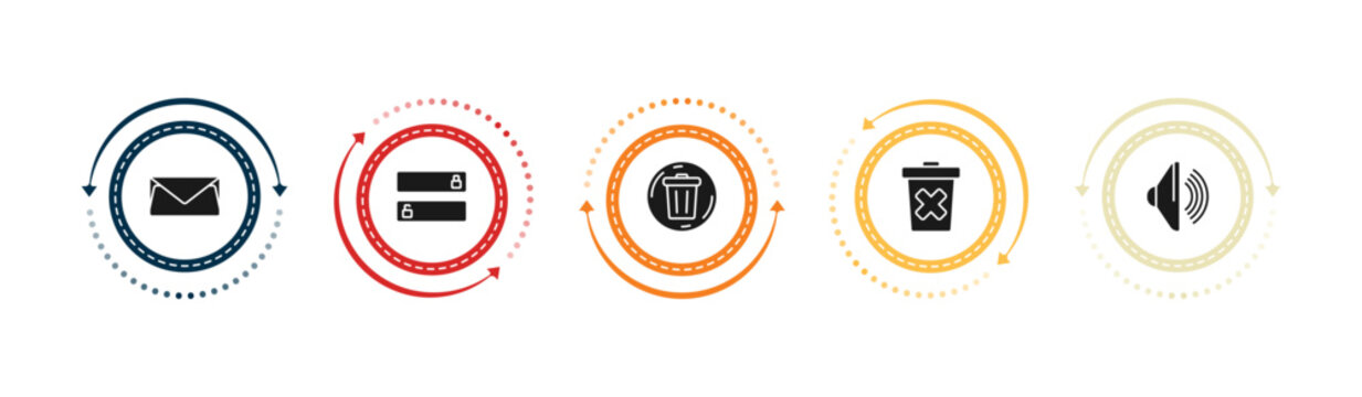 filled user interface icons set - letter envelope, slide to unlock, delete round button, delete bin. editable vector for web and mobile ui