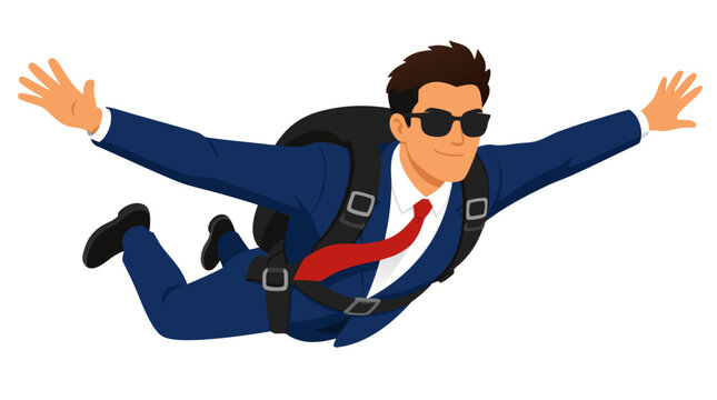 A fearless businessman in a sharp blue suit and red tie skydiving through the air with arms spread wide, wearing sunglasses and a parachute pack, symbolizing risk-taking and adventure in business.