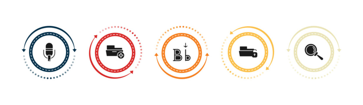 filled user interface icons set - record voice button, add folder button, letter i, unlock folder. editable vector for web and mobile ui