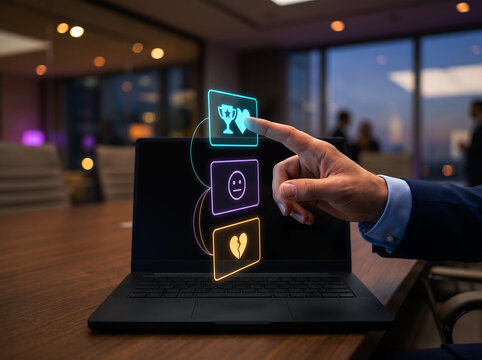 Businessman interacting with digital feedback symbols on virtual screen above laptop in office space.