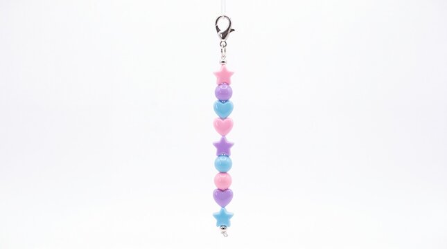 Colorful plastic beaded charm featuring star and heart shapes dangling vertically isolated on white background