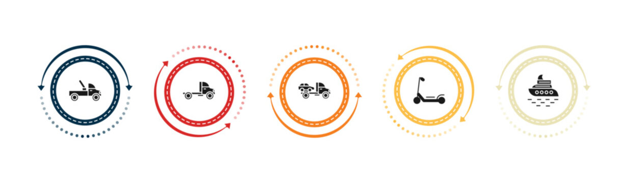 filled transportation icons set - tow truck, truck, wrecker, scooter. editable vector for web and mobile ui