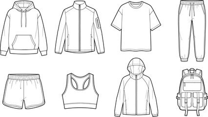 Activewear and casual clothing technical drawing vector outline set for fashion design and tech packs © Asib