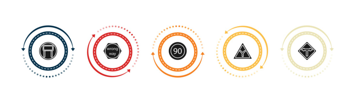filled traffic signs icons set - tall, wrong way, speed limit, y intersection. editable vector for web and mobile ui