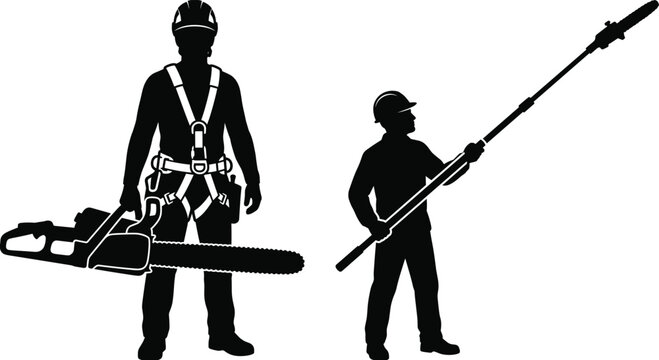 Silhouette of Professional Arborists and Tree Surgeons with Chainsaw, Pole Saw, and Safety Harness