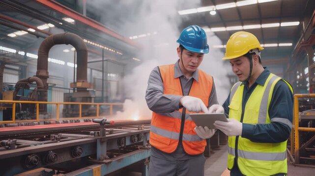 Industrial engineers reviewing digital data on tablet in steel manufacturing plant. Panning medium shot.