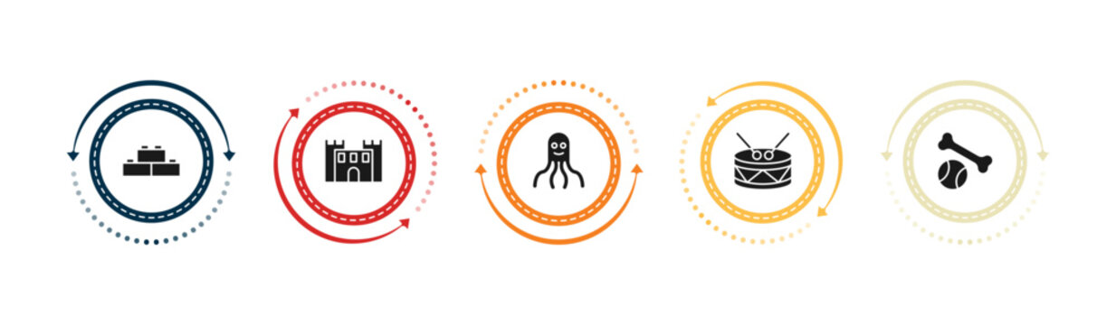 filled toys icons set - blocks toy, bouncy castle toy, octopus toy, drum editable vector for web and mobile ui