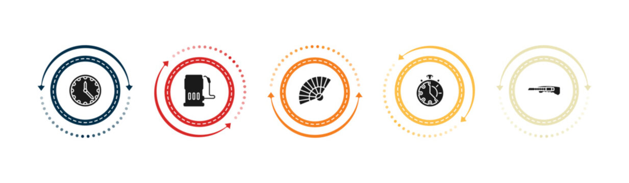filled tools and utensils icons set - clock and watch, fuel oil bomb service, tessen fan, minute. editable vector for web and mobile ui