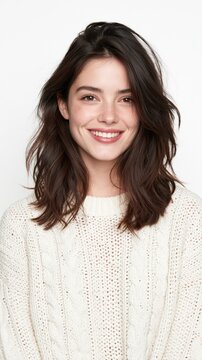 Beautiful smiling brunette woman wearing a white sweater on white background, looking at the camera. 