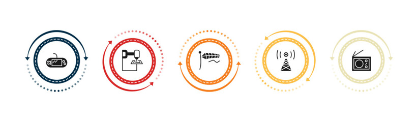 filled technology icons set - gamepad with cable, 3d printers, air direction, media. editable vector for web and mobile ui © IconArt
