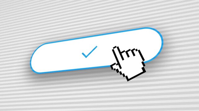 Digital Cursor Clicking Submit Button with Success Checkmark. A digital hand icon clicks a submit button. executing the action as the button changes to a checkmark symbol and says "submitted"