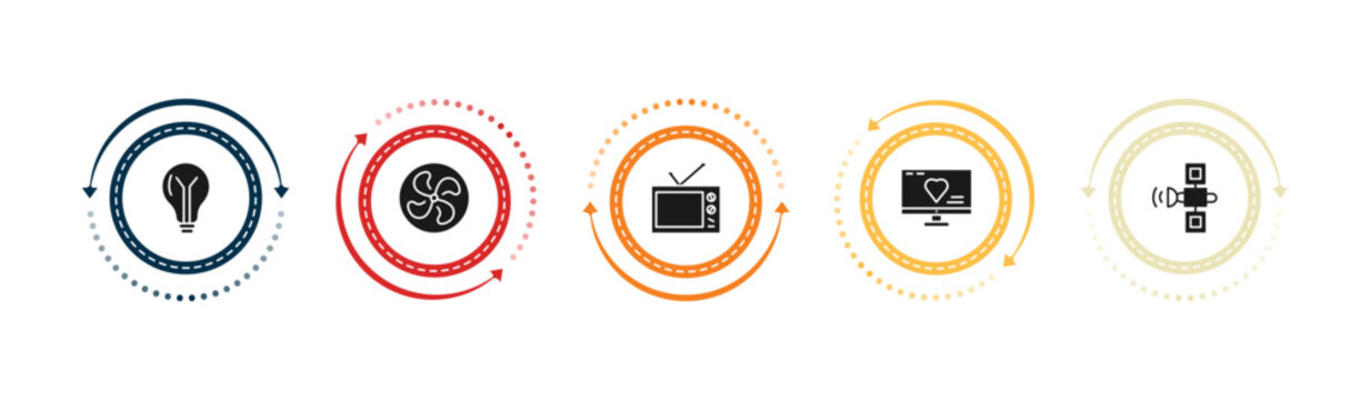 filled technology icons set - bulb, ventilating fan, old tv, heart in a screen. editable vector for web and mobile ui