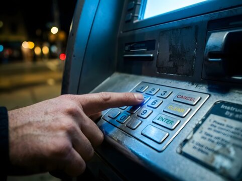 Automated teller machine keypad receives a secure pin code entry from a customer at night time.
