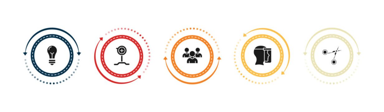 filled technology icons set - big light bulb, pitching hine, customers, face shield. editable vector for web and mobile ui