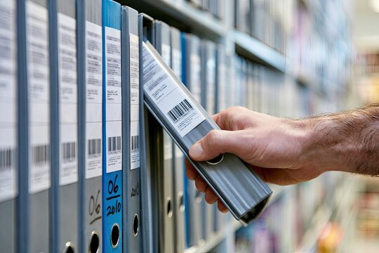 Hand reaching for a binder on a shelf in an archive.