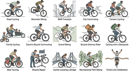 Fototapeta premium Cycling Activities Collection with Road Mountain BMX Commuting and Bicycle Lifestyle Vector Illustrations