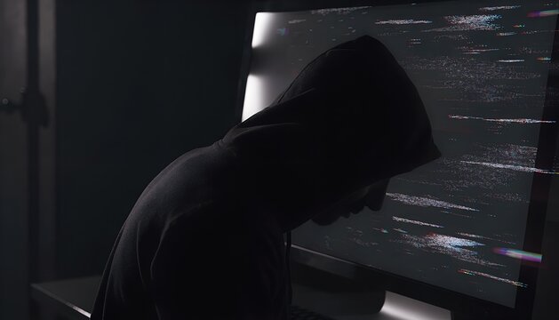 Anonymous Hacker In Hoodie Working On Digital Code Glitch On Screen In Dark Cyber Security Office Room