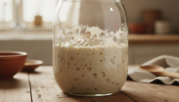 Sourdough starter bubbling in glass jar on wooden table 