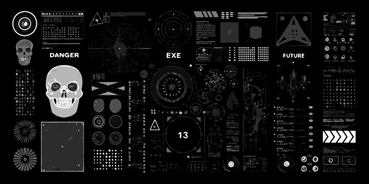 cyberpunk industrial graphic elements collage black and white skull danger exe future vector