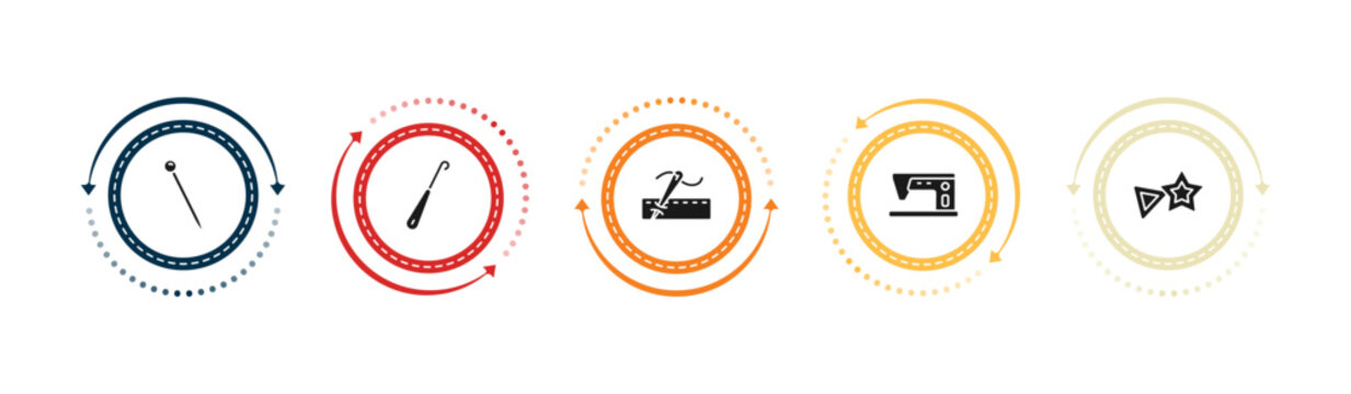 filled sew icons set - pin sew, crochet, running stitch, tailoring hine. editable vector for web and mobile ui