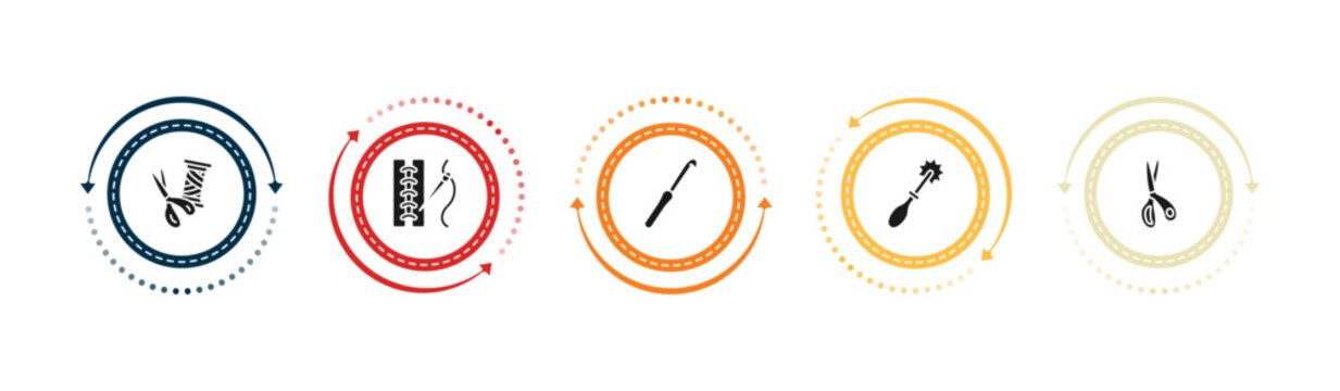filled sew icons set - sewing equipment, seam, crochet hook, tracing wheel. editable vector for web and mobile ui