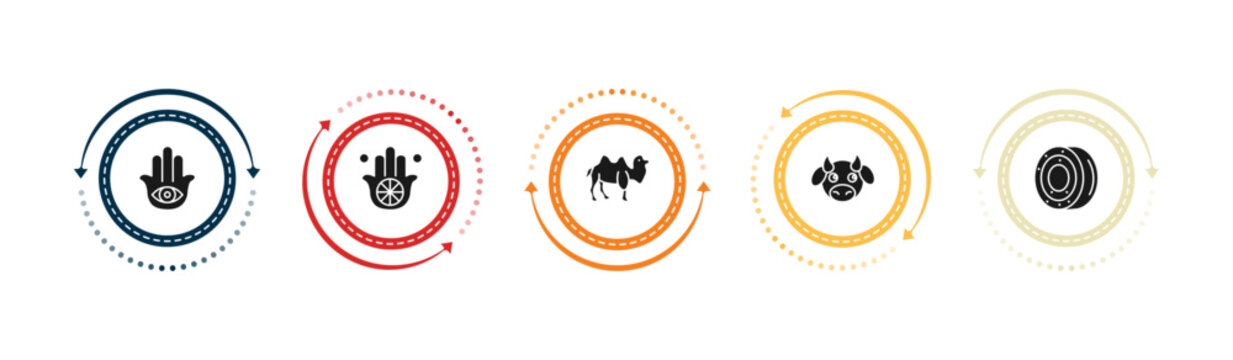 filled religion icons set - hamsa hand, karma, dromedary, sacred cow. editable vector for web and mobile ui