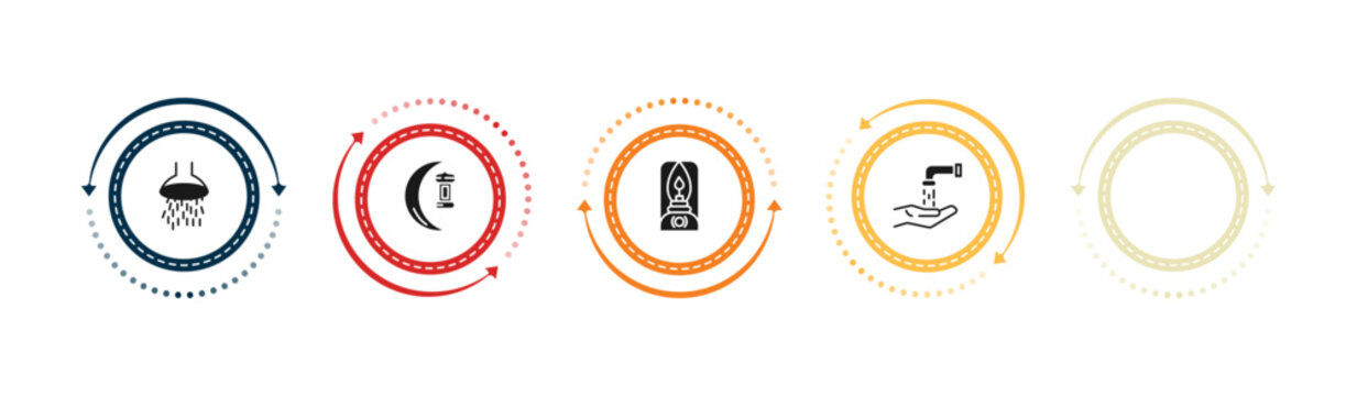 filled religion icons set - sujud posture, shower head and water, ramadan crescent moon, old oil lamp. editable vector for web and mobile ui