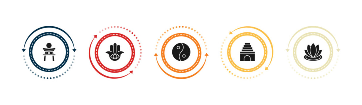 filled religion icons set - shinto, semitic neopaganism, taoism, temple. editable vector for web and mobile ui