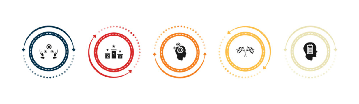 filled productivity icons set - practice, winner on the podium, mind gears, racing flag. editable vector for web and mobile ui