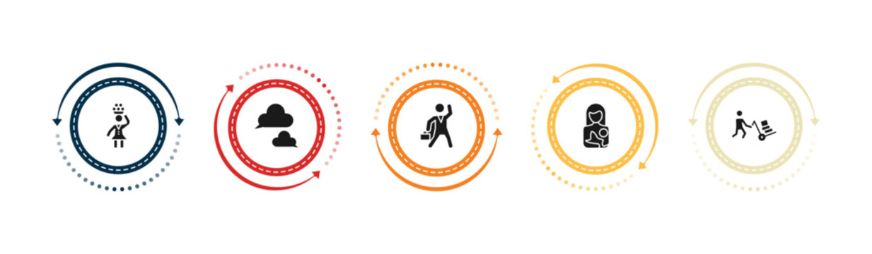 filled people icons set - woman carrying, chat balloon, businessman dancing, breastfeeding. editable vector for web and mobile ui