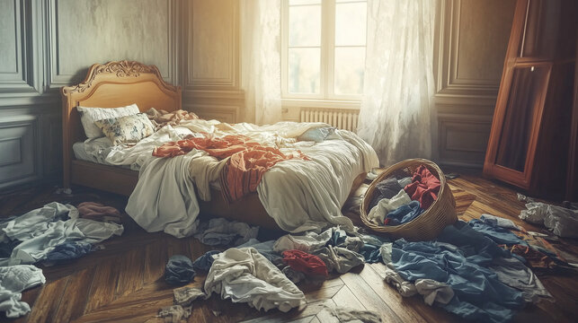 Messy bedroom with cluttered bed and scattered clothes in warm sunlight