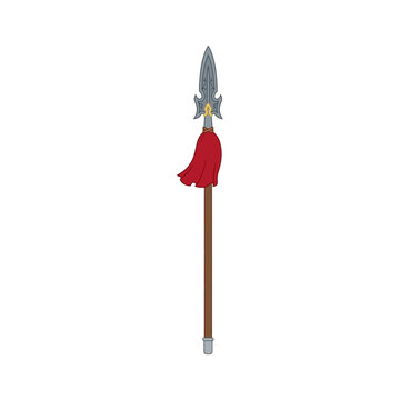 Vector Illustration of a Medieval Spear with a Red Banner and Wooden Shaft