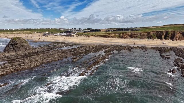 Panoramic beach view in holiday season at Widemouth Bay Cornwall