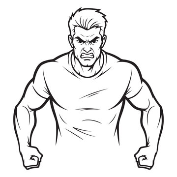 Muscular man vector illustration with angry facial expression and clenched fists for fitness mascot or comic character design