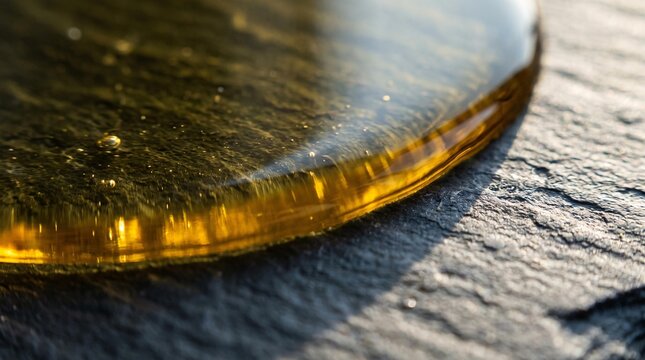 Golden camelina oil pooling and glistening on a dark textured slate surface, macro close-up.