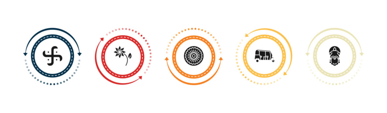filled india icons set - hindu, lakshmi, chakra, tuk tuk. editable vector for web and mobile ui