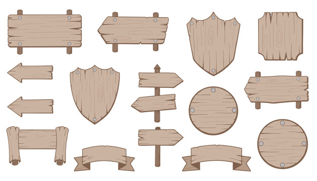 Set of assorted wooden signage boards with various rustic shapes including shields, arrows, and ribbons for directional displays.