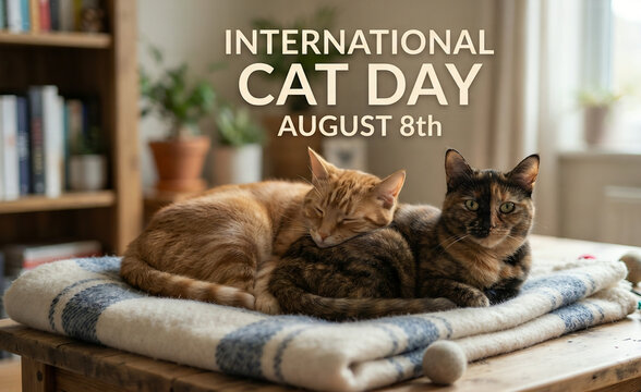 International Cat Day August 8th cozy indoor scene with two sleeping cats