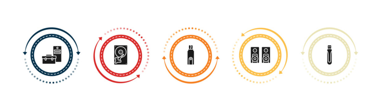 filled hardware icons set - device manager, harddrive, flash card, two stereo speakers. editable vector for web and mobile ui