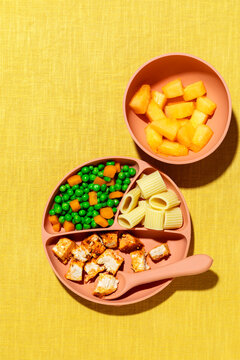 Colorful children's meal in silicone dishware