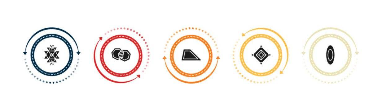 filled geometric figure icons set - sri yantra, intersection, trapezium, synergy. editable vector for web and mobile ui