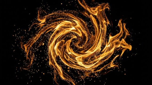 Dynamic spiral of orange flames and golden sparks create a cool fire texture design on a dark solid black background