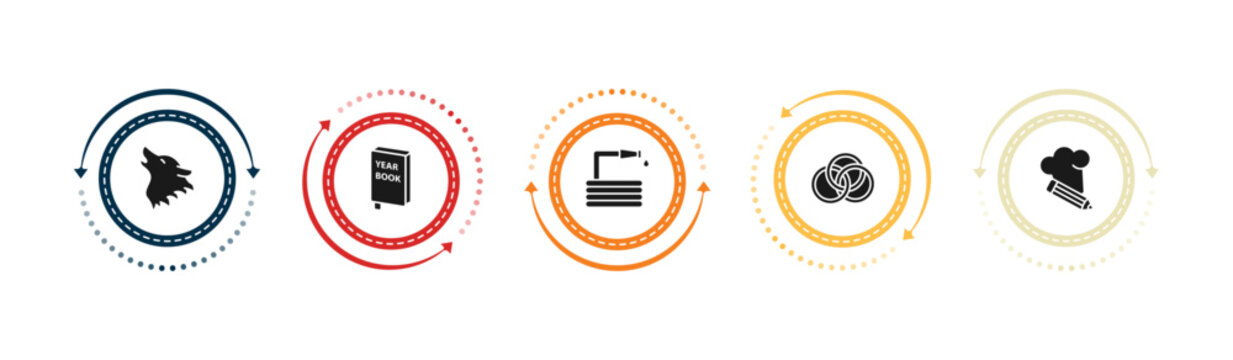 filled general icons set - wolf howling, yearbook, hose with drops, interlocking rings. editable vector for web and mobile ui