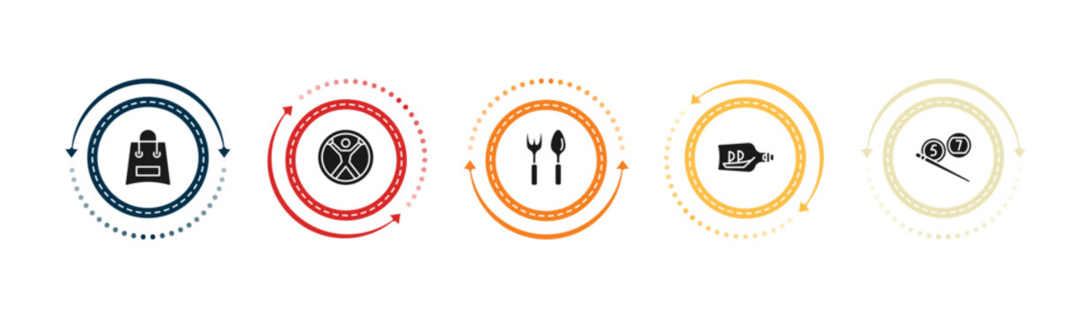 filled free time icons set - bags, zorbing, gardening tools, ship in a bottle. editable vector for web and mobile ui