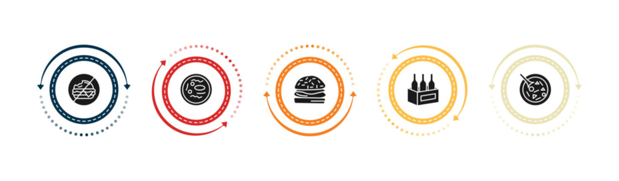 filled food icons set - forbidden burguer, zha jiang mian, burguer, wine bottles in a box. editable vector for web and mobile ui