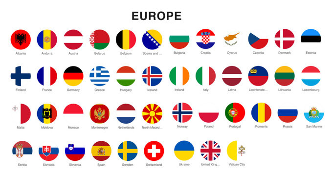 round flag icons of european nations. circular national flags across the continent. labeled country flag badge collection. glossy europe region flag set
