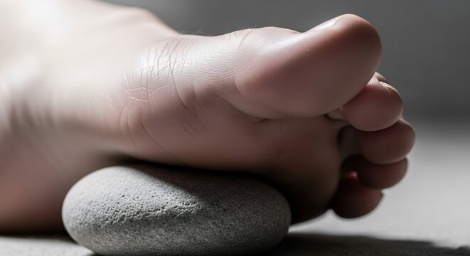Close up of a human foot resting on a smooth grey river stone for relaxation