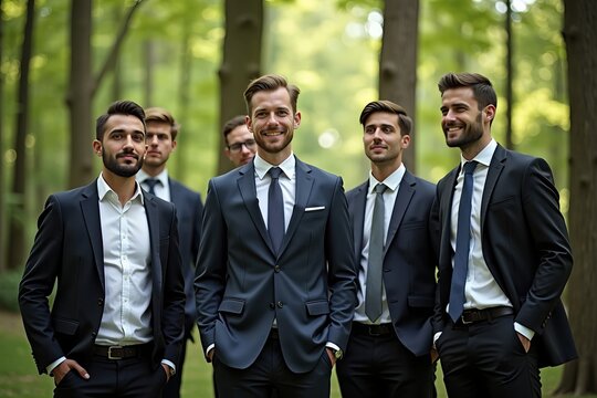 Colleagues in Formal Attire Gather in a Tranquil Forest for a Nerve-Wracking Trust Fall, Showcasing Their Excitement and Apprehension Amongst Towering Trees