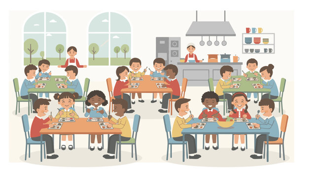 School children eating meals at cafeteria tables while staff works in the background kitchen.