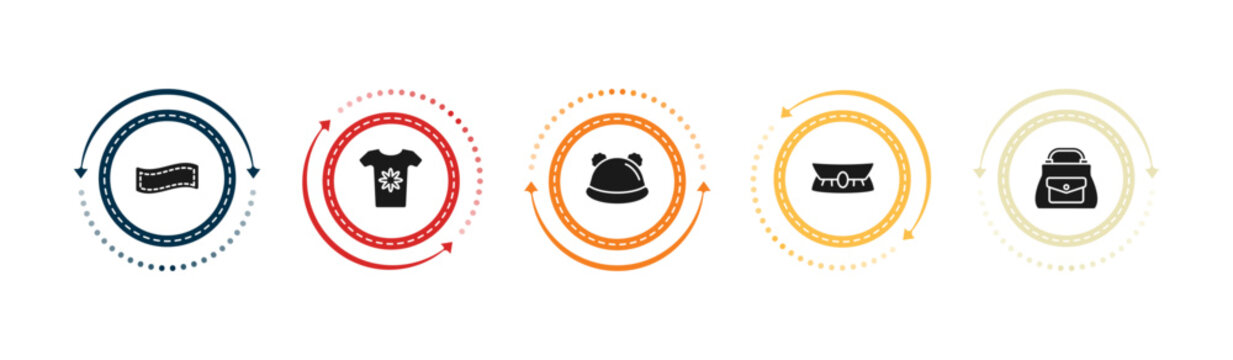 filled fashion icons set - stitching, t shirt with flowers, knit hat, accessory. editable vector for web and mobile ui